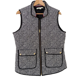 CATHERINE MALANDRINO BLACK/WHITE MONOCROME PLAID QUILTED VEST WITH GOLD DETAILS